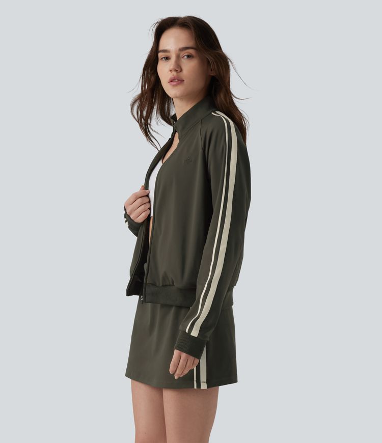 DayStretch Stand Collar Color Block Stripes Workout Jacket with Pockets