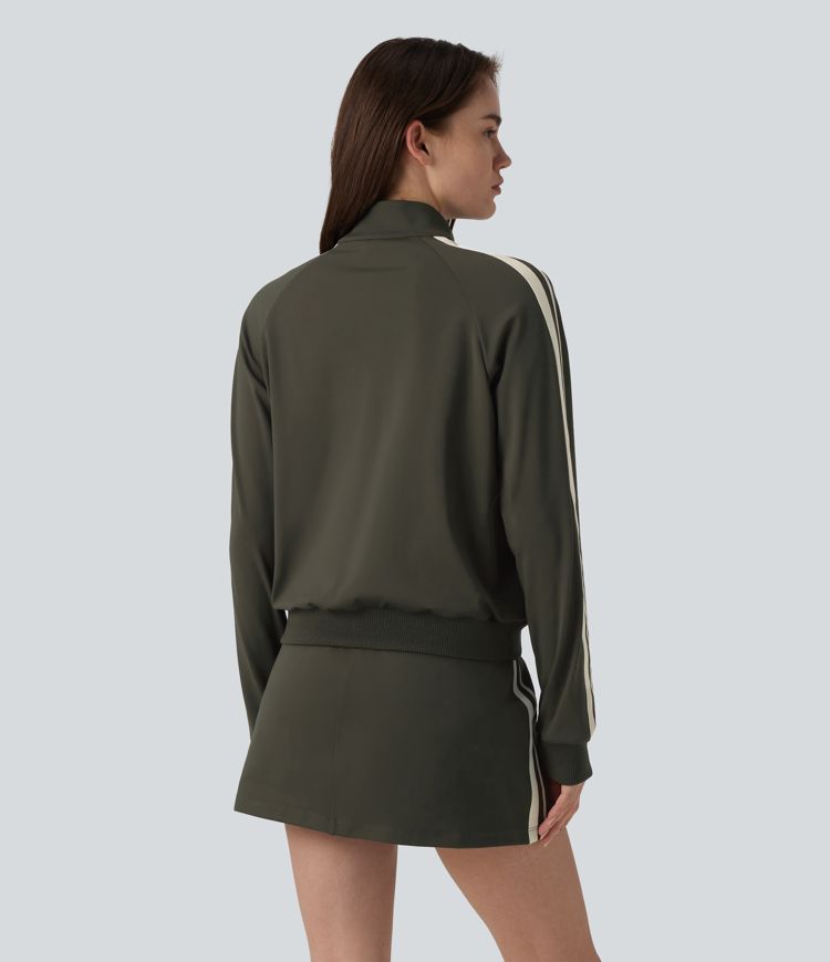 DayStretch Stand Collar Color Block Stripes Workout Jacket with Pockets