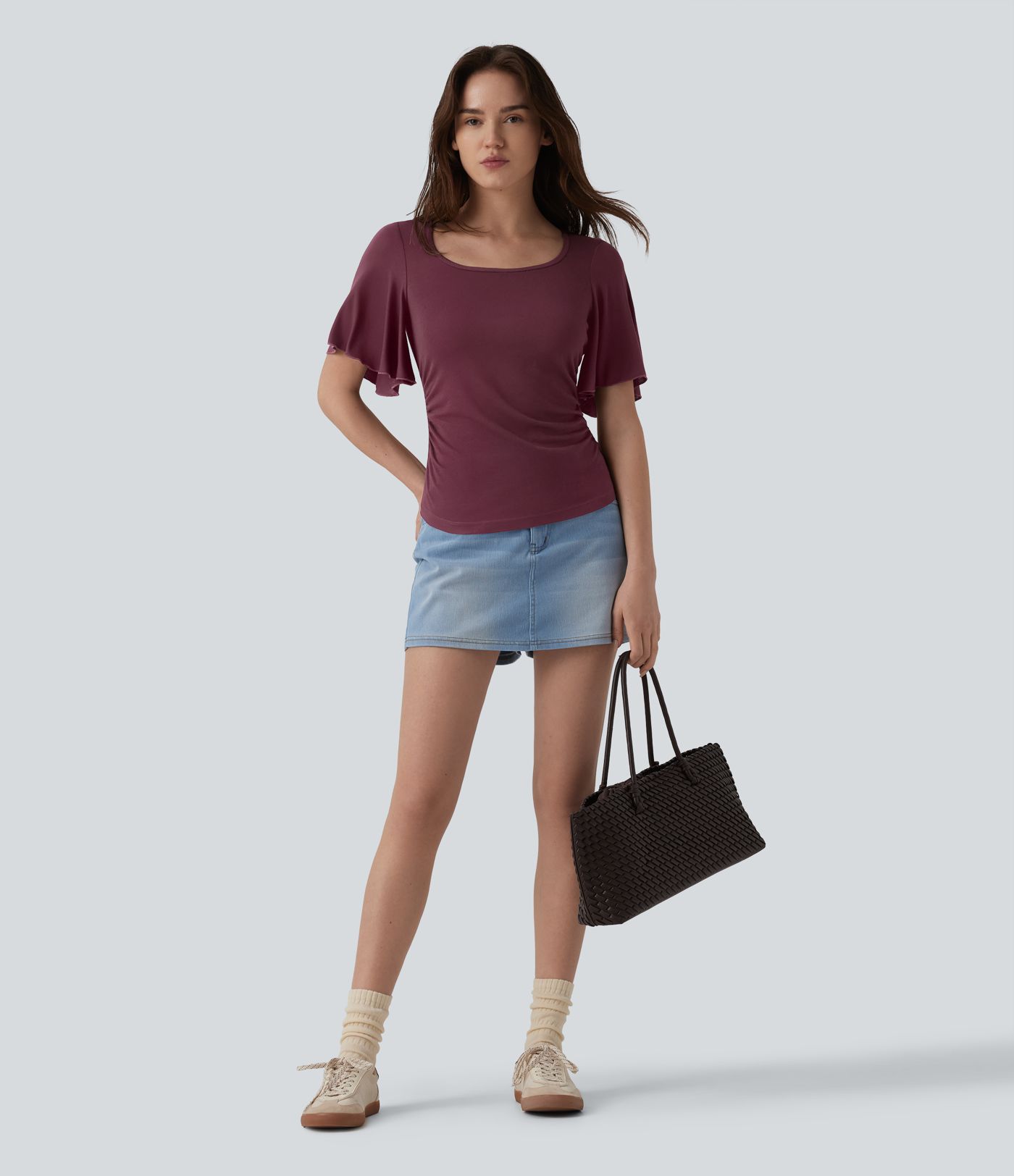Ribbed Square Neck Butterfly Sleeve Ruched Casual T-Shirt