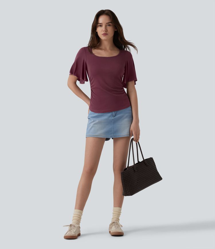 Ribbed Square Neck Butterfly Sleeve Ruched Casual T-Shirt