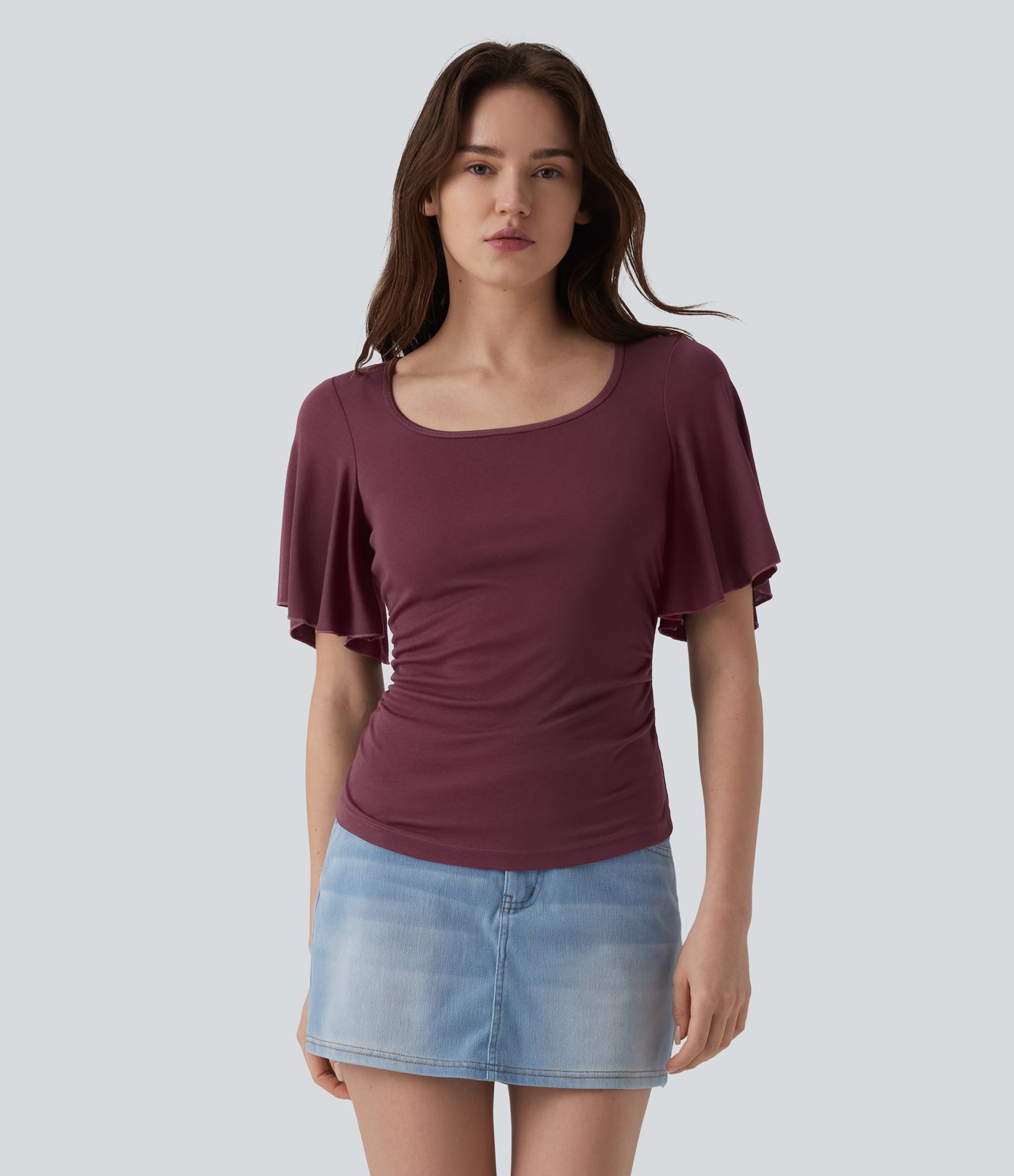 Ribbed Square Neck Butterfly Sleeve Ruched Casual T-Shirt