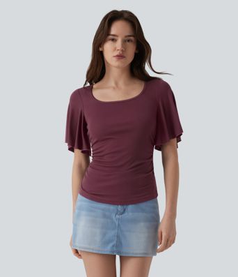 Ribbed Square Neck Butterfly Sleeve Ruched Casual T-Shirt
