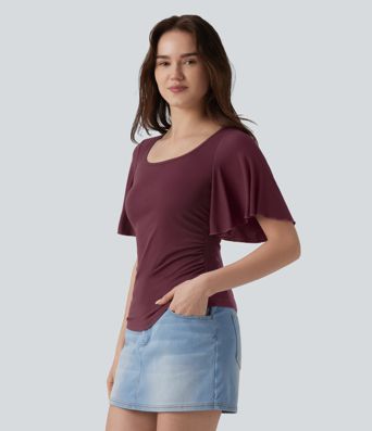 Ribbed Square Neck Butterfly Sleeve Ruched Casual T-Shirt