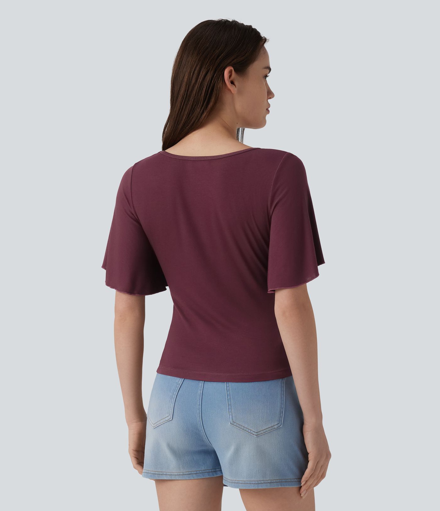 Ribbed Square Neck Butterfly Sleeve Ruched Casual T-Shirt