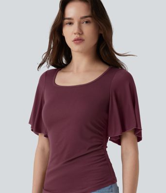 Ribbed Square Neck Butterfly Sleeve Ruched Casual T-Shirt