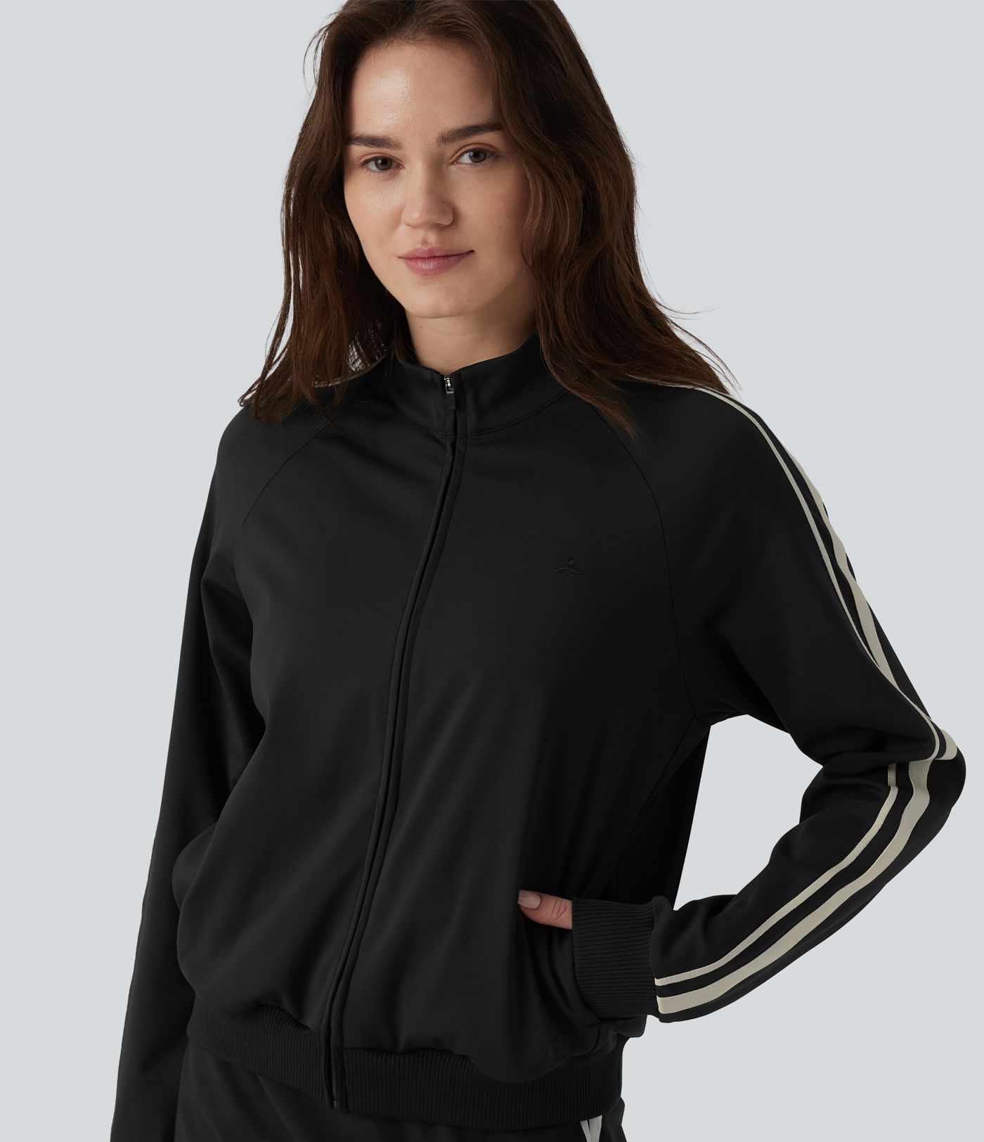 DayStretch Stand Collar Color Block Stripes Workout Jacket with Pockets