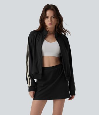 DayStretch Stand Collar Color Block Stripes Workout Jacket with Pockets