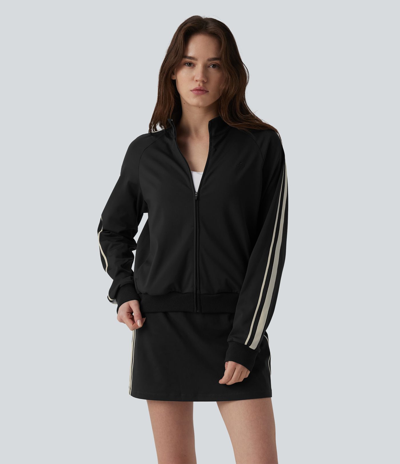 DayStretch Stand Collar Color Block Stripes Workout Jacket with Pockets