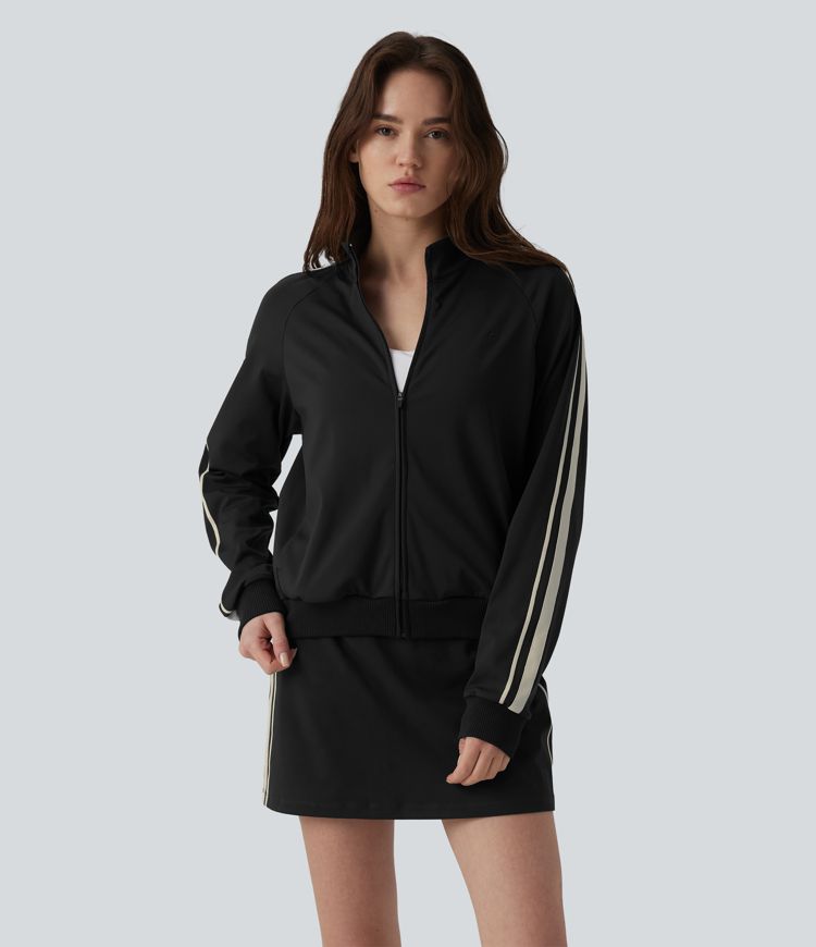 DayStretch Stand Collar Color Block Stripes Workout Jacket with Pockets