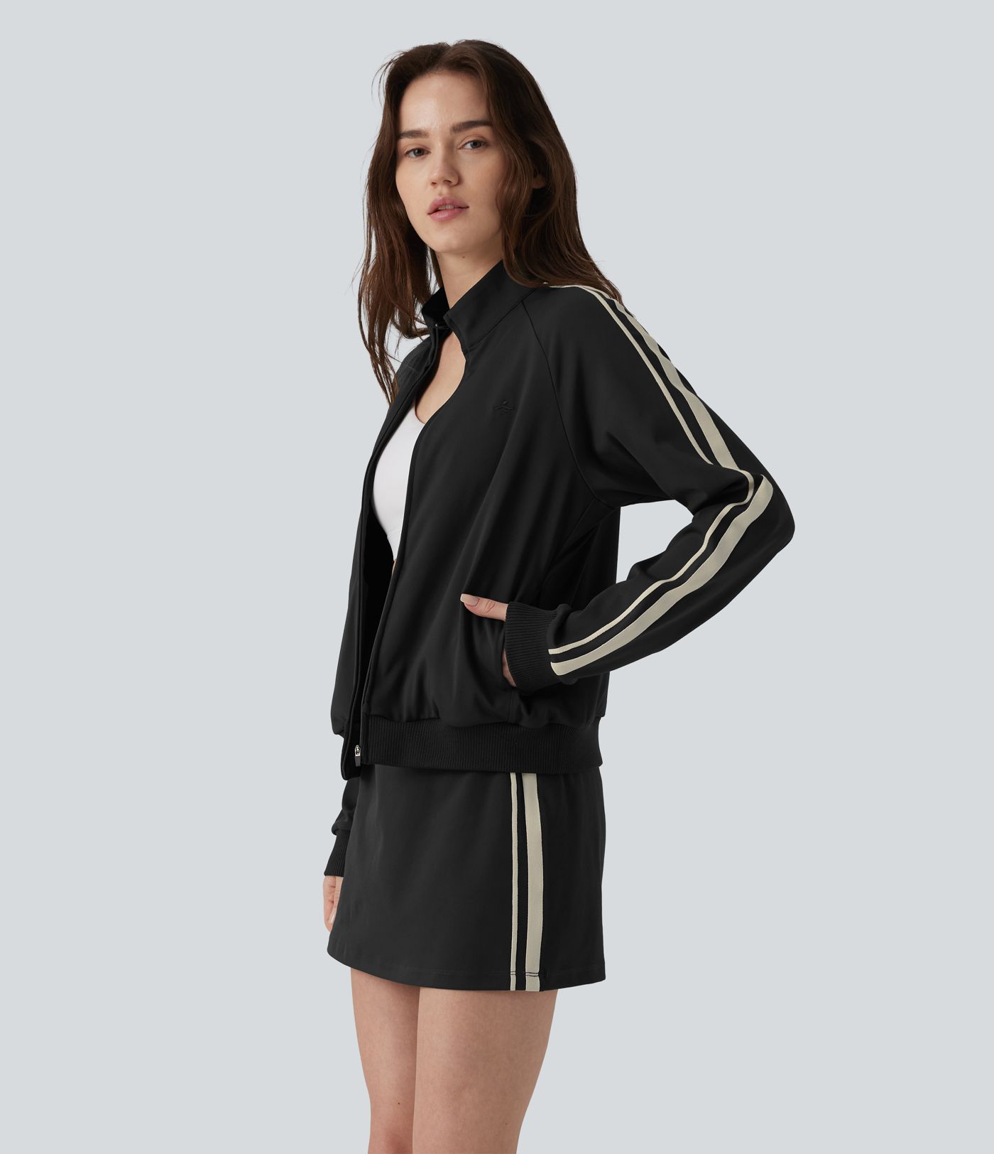 DayStretch Stand Collar Color Block Stripes Workout Jacket with Pockets