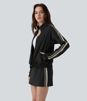 DayStretch Stand Collar Color Block Stripes Workout Jacket with Pockets