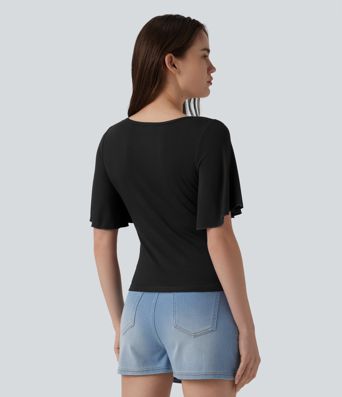 Ribbed Square Neck Butterfly Sleeve Ruched Casual T-Shirt