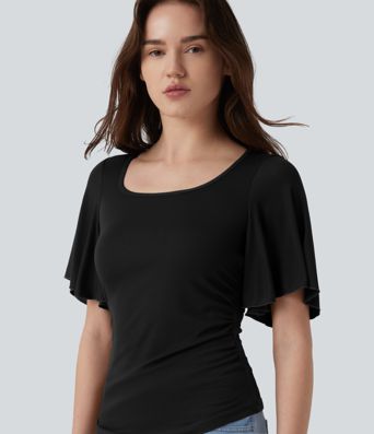 Ribbed Square Neck Butterfly Sleeve Ruched Casual T-Shirt