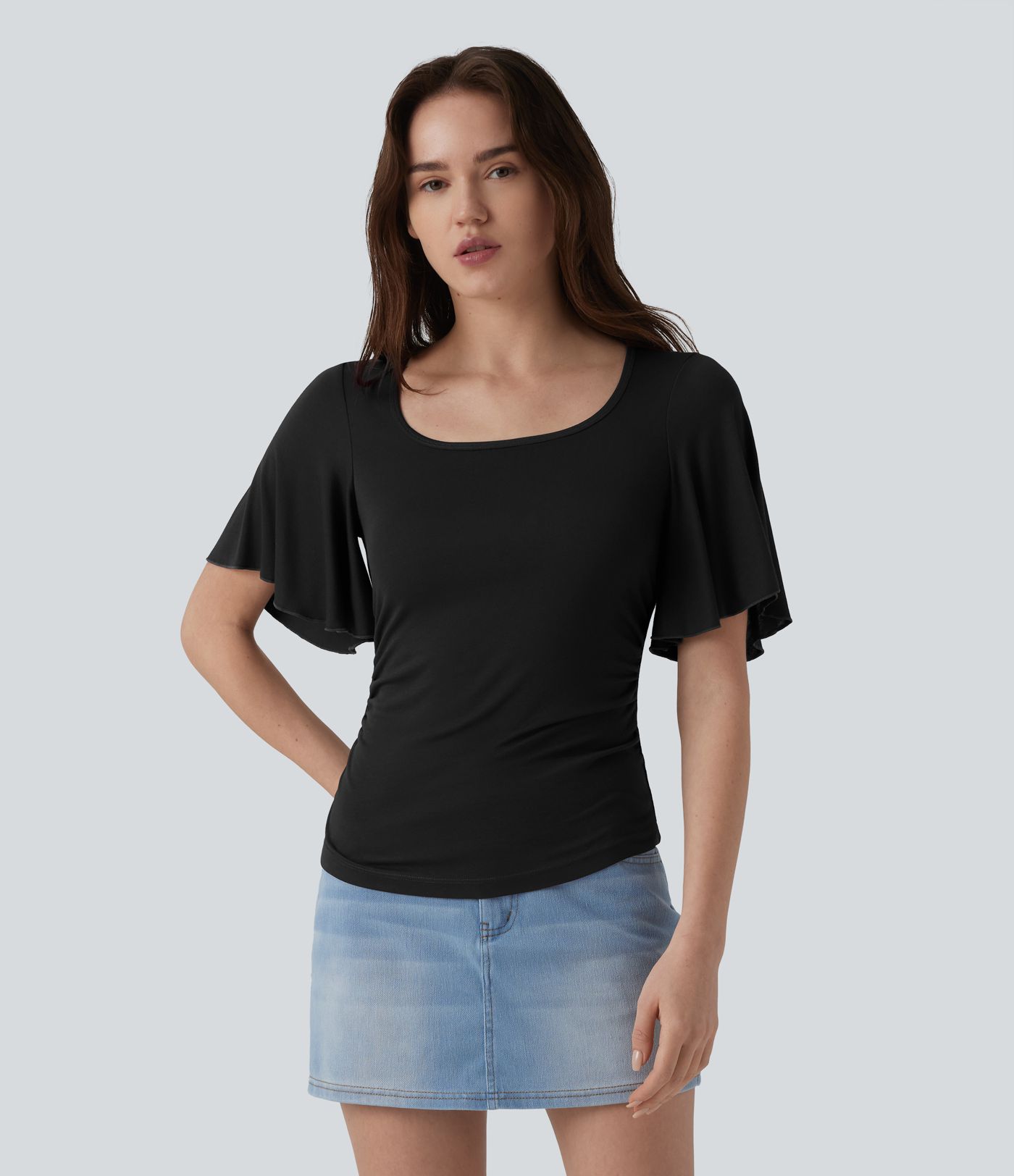 Ribbed Square Neck Butterfly Sleeve Ruched Casual T-Shirt