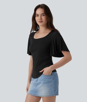 Ribbed Square Neck Butterfly Sleeve Ruched Casual T-Shirt