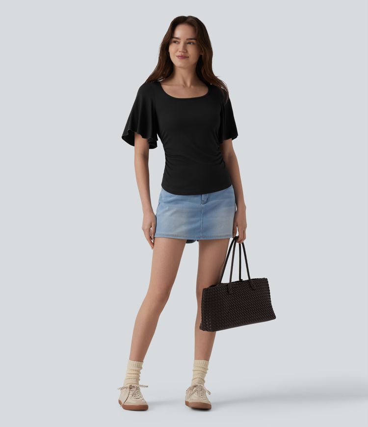 Ribbed Square Neck Butterfly Sleeve Ruched Casual T-Shirt