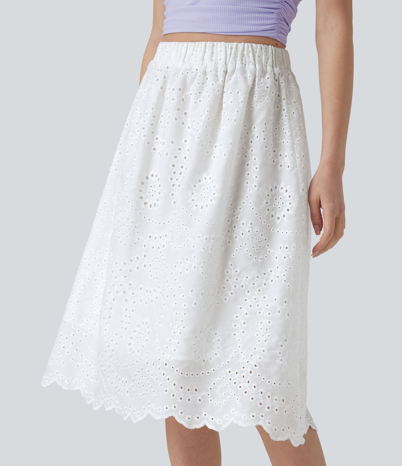 Jupe évasée plage broderie anglaise taille haute