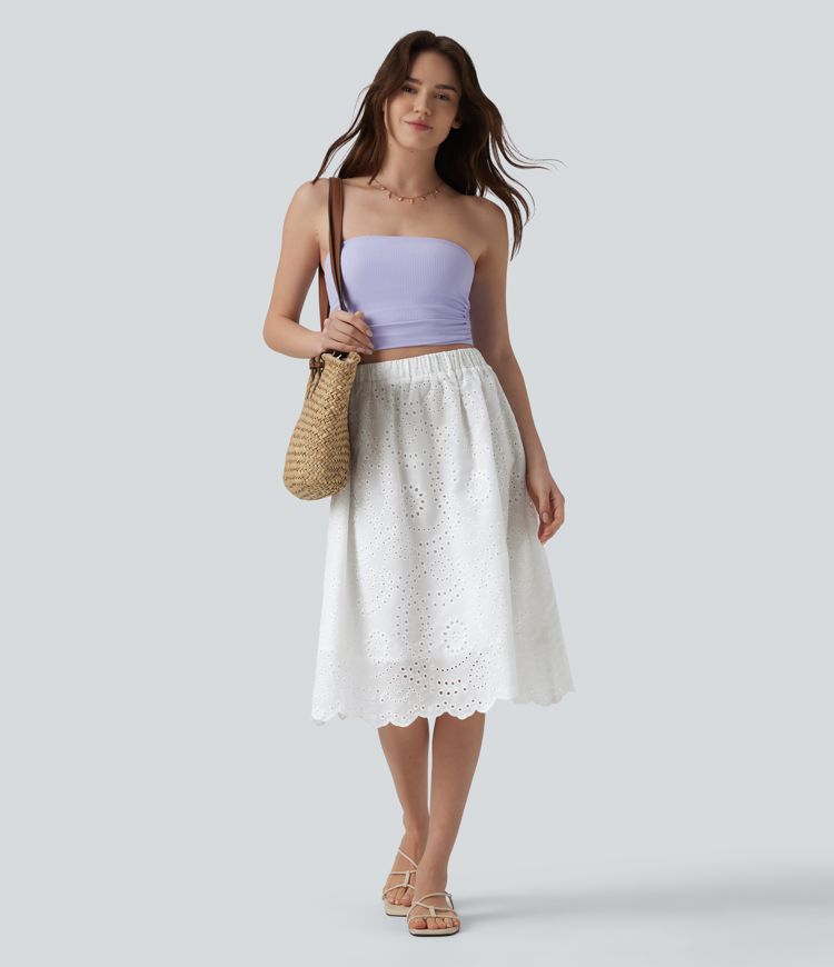 Jupe évasée plage broderie anglaise taille haute