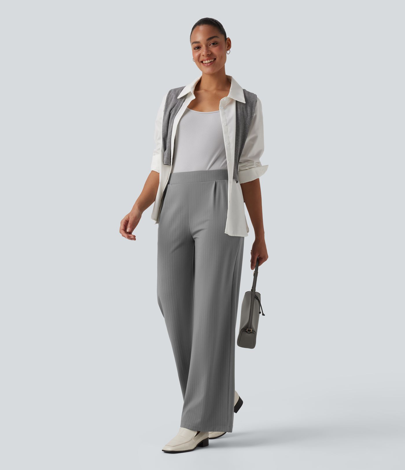 Pantalones de trabajo a rayas de talle alto y pierna ancha con bolsillos