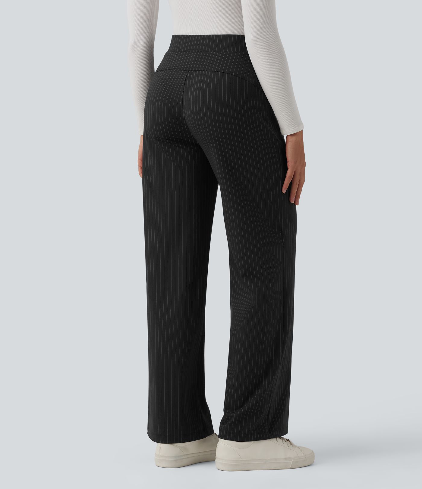 High Waisted Stripes Work Wide Leg Pants with Pockets