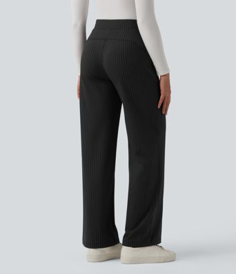 High Waisted Stripes Work Wide Leg Pants with Pockets
