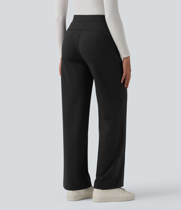 High Waisted Stripes Work Wide Leg Pants with Pockets
