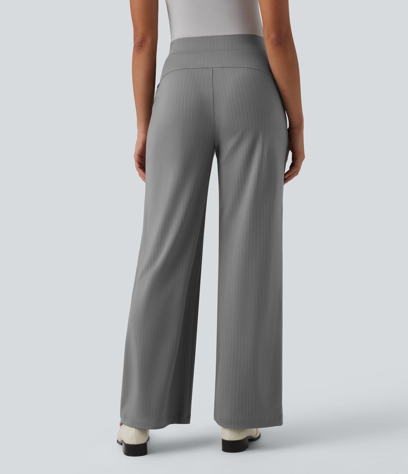 Pantalones de trabajo a rayas de talle alto y pierna ancha con bolsillos