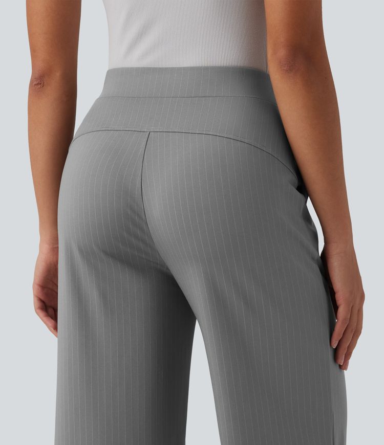 Pantalones de trabajo a rayas de talle alto y pierna ancha con bolsillos