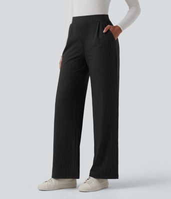 High Waisted Stripes Work Wide Leg Pants with Pockets