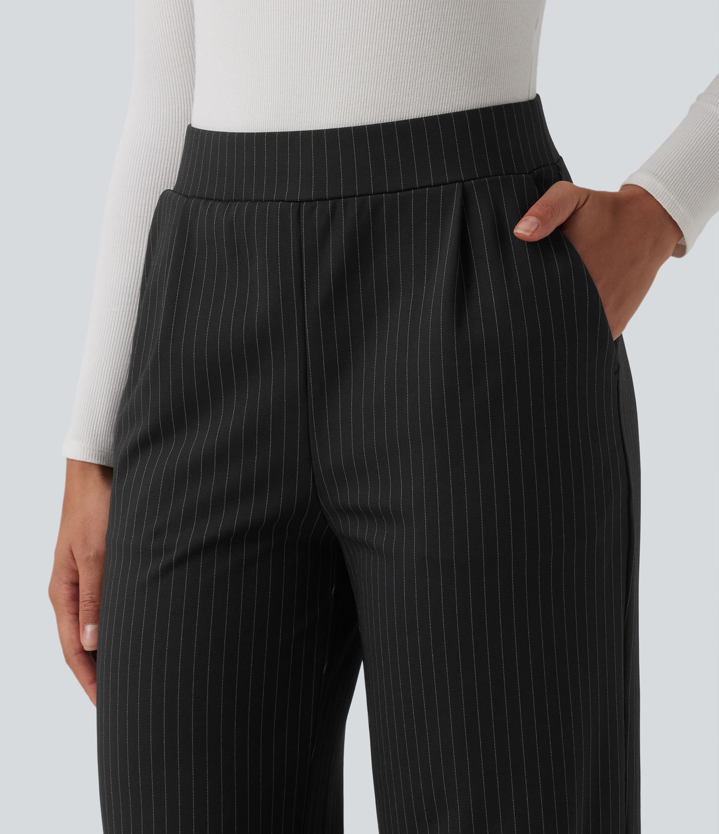 High Waisted Stripes Work Wide Leg Pants with Pockets