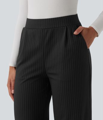 High Waisted Stripes Work Wide Leg Pants with Pockets