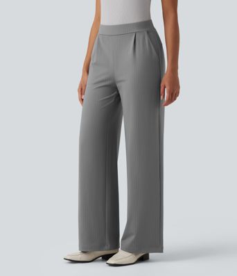 Pantalones de trabajo a rayas de talle alto y pierna ancha con bolsillos