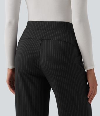 High Waisted Stripes Work Wide Leg Pants with Pockets