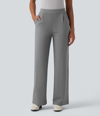 Pantalones de trabajo a rayas de talle alto y pierna ancha con bolsillos