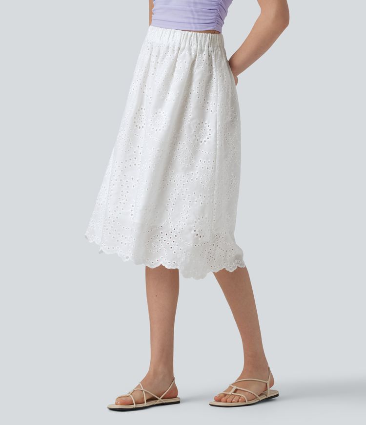 Jupe évasée plage broderie anglaise taille haute