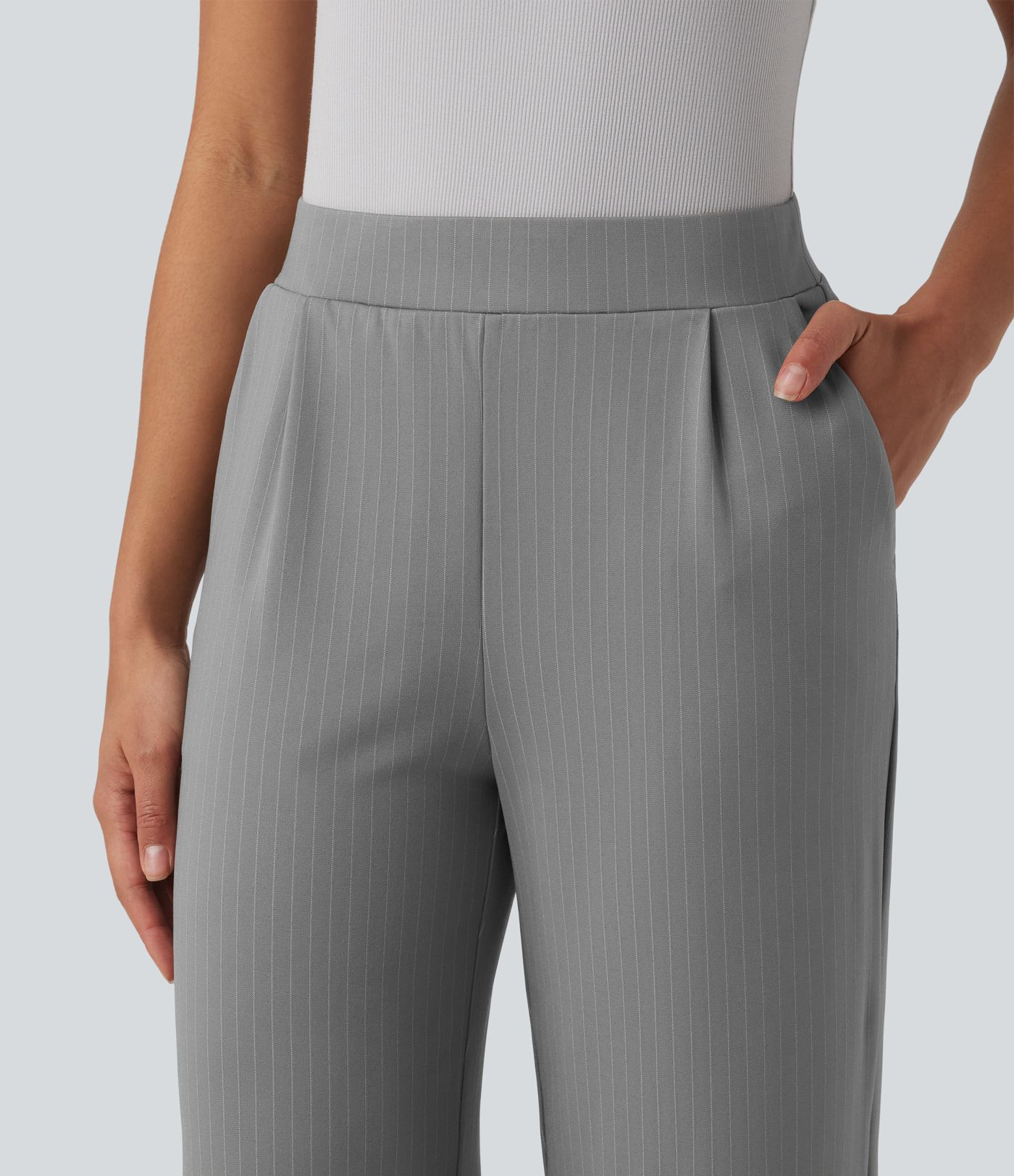 Pantalones de trabajo a rayas de talle alto y pierna ancha con bolsillos