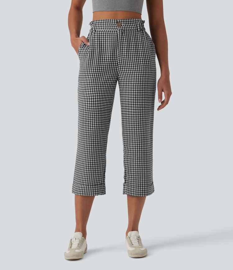 Pantalon court taille haute à carreaux, effet lin décontracté, avec poches