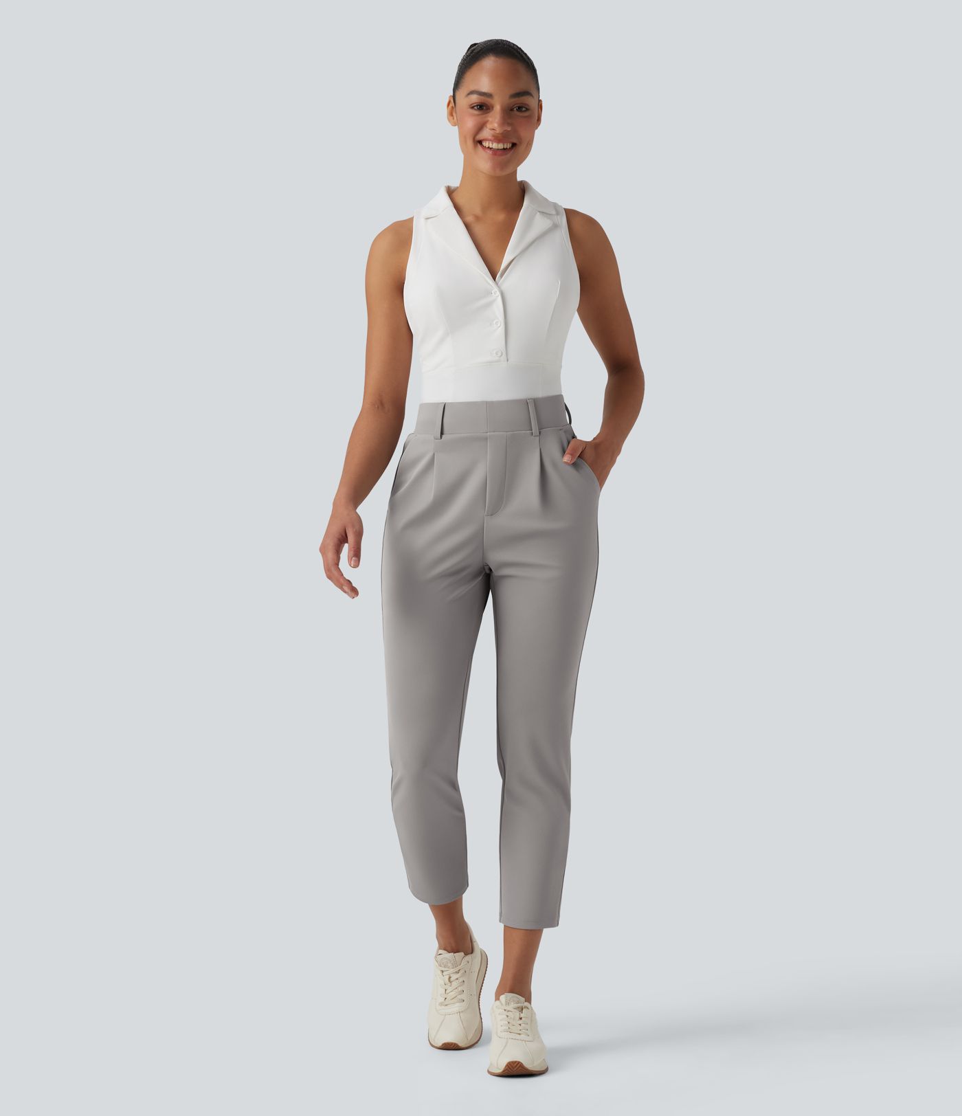 Pantalon de golf fuselé crêpe taille haute avec poches