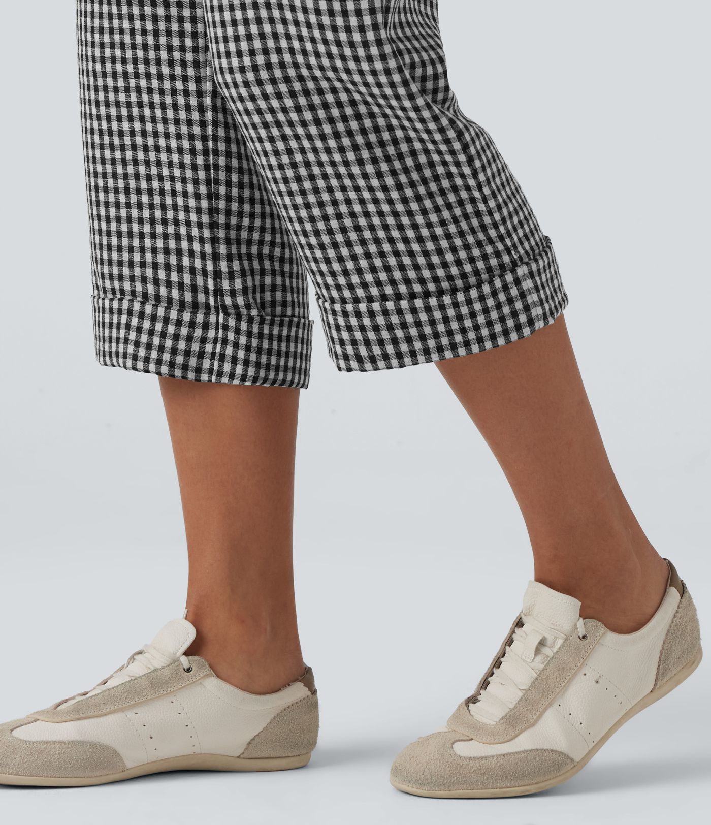 Pantalon court taille haute à carreaux, effet lin décontracté, avec poches