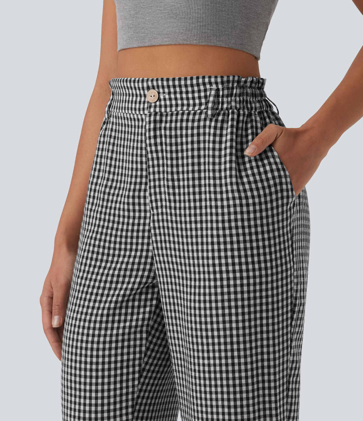 Pantalon court taille haute à carreaux, effet lin décontracté, avec poches