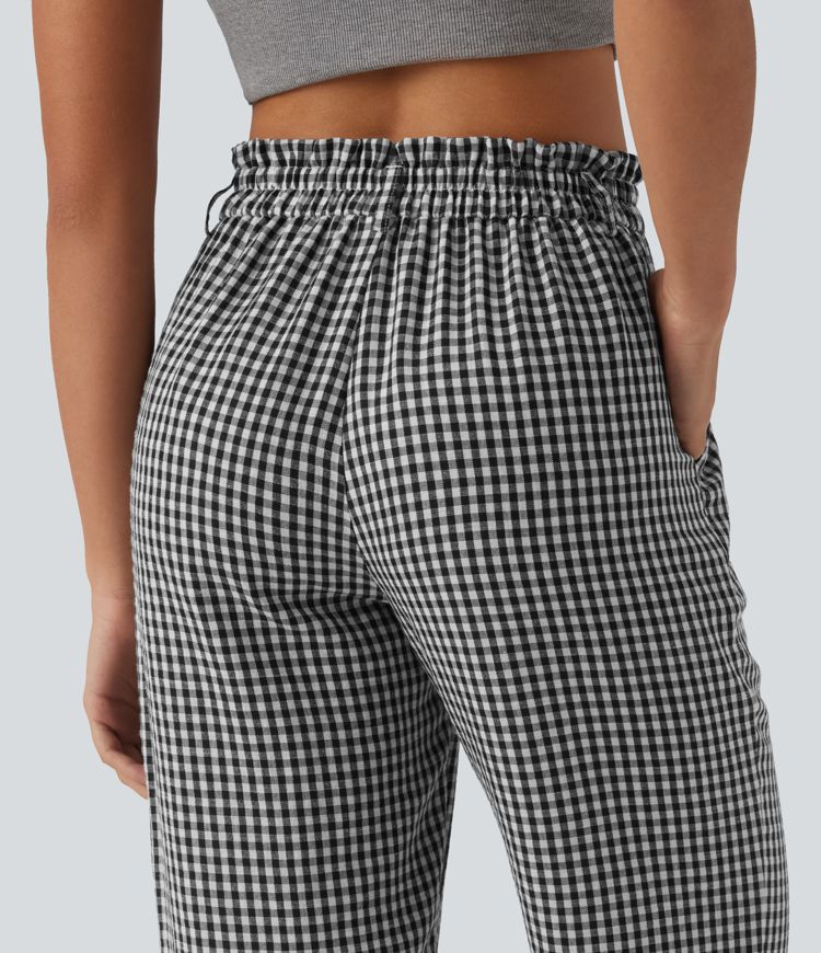 Pantalon court taille haute à carreaux, effet lin décontracté, avec poches