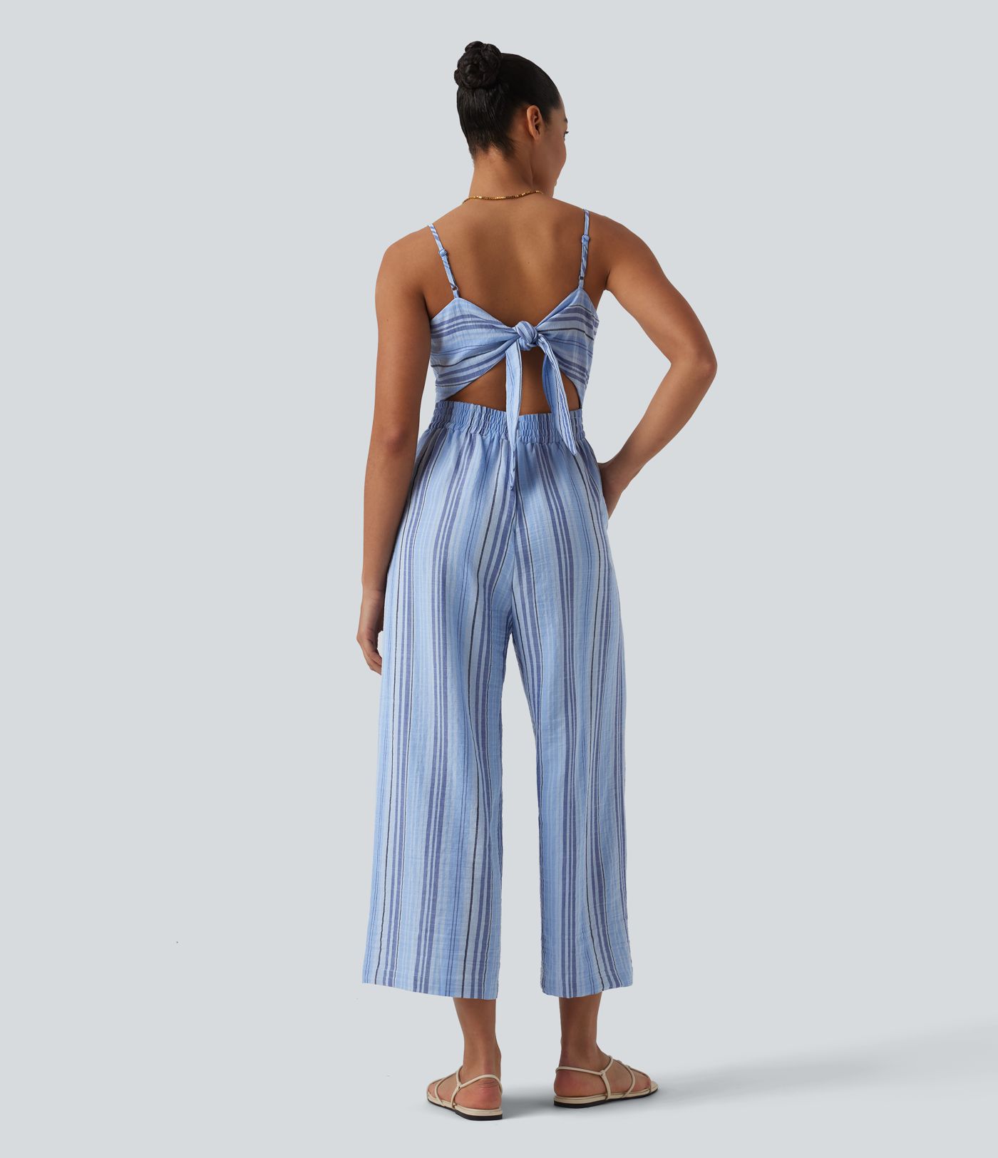 Tie Back Cut Out Stripe Linen-Feel Slip Jumpsuit with Pockets