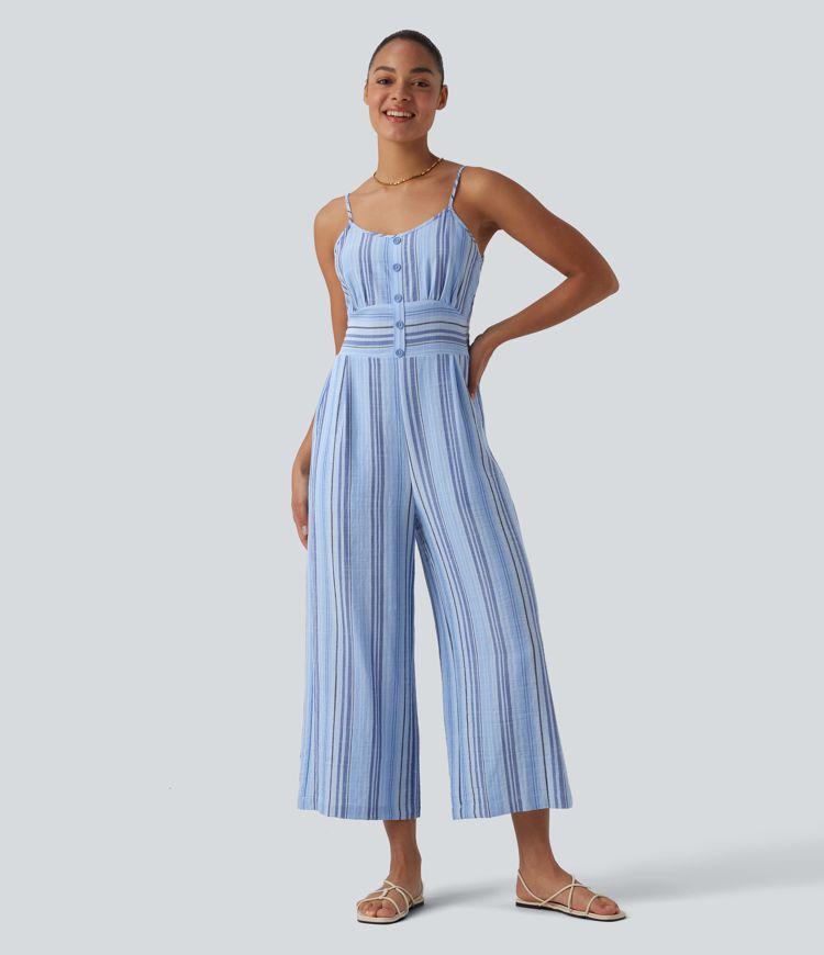 Tie Back Cut Out Stripe Linen-Feel Slip Jumpsuit with Pockets