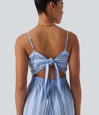 Tie Back Cut Out Stripe Linen-Feel Slip Jumpsuit with Pockets