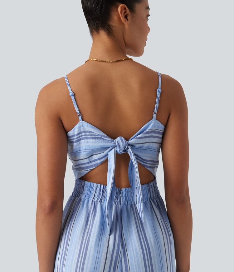 Tie Back Cut Out Stripe Linen-Feel Slip Jumpsuit with Pockets