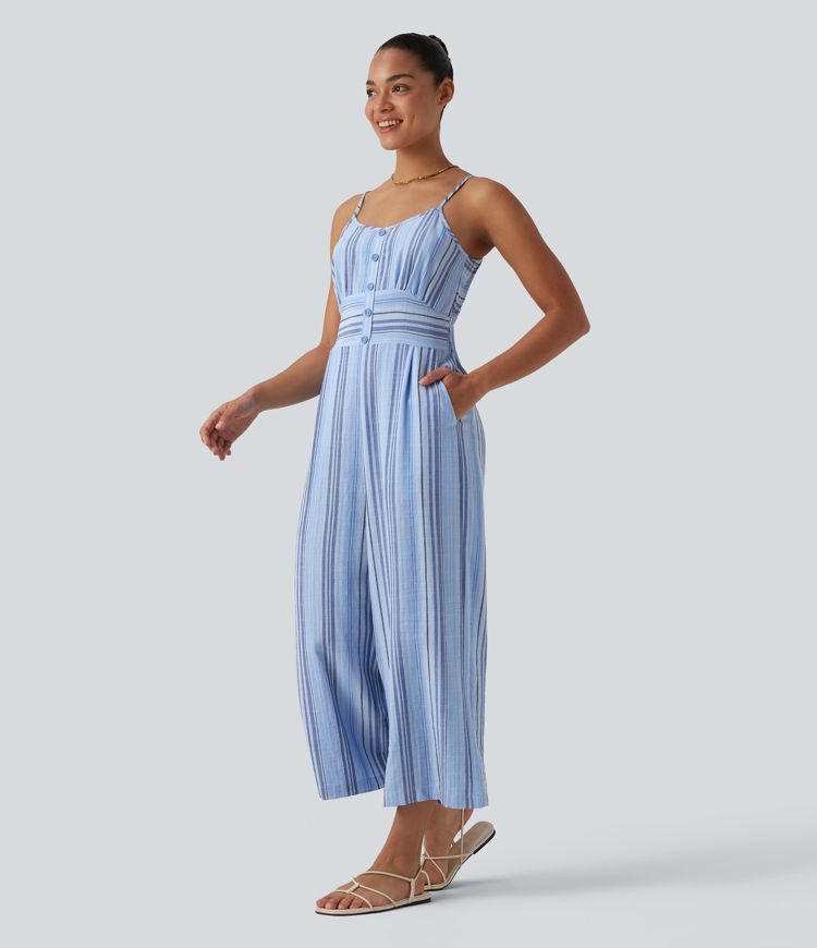 Tie Back Cut Out Stripe Linen-Feel Slip Jumpsuit with Pockets