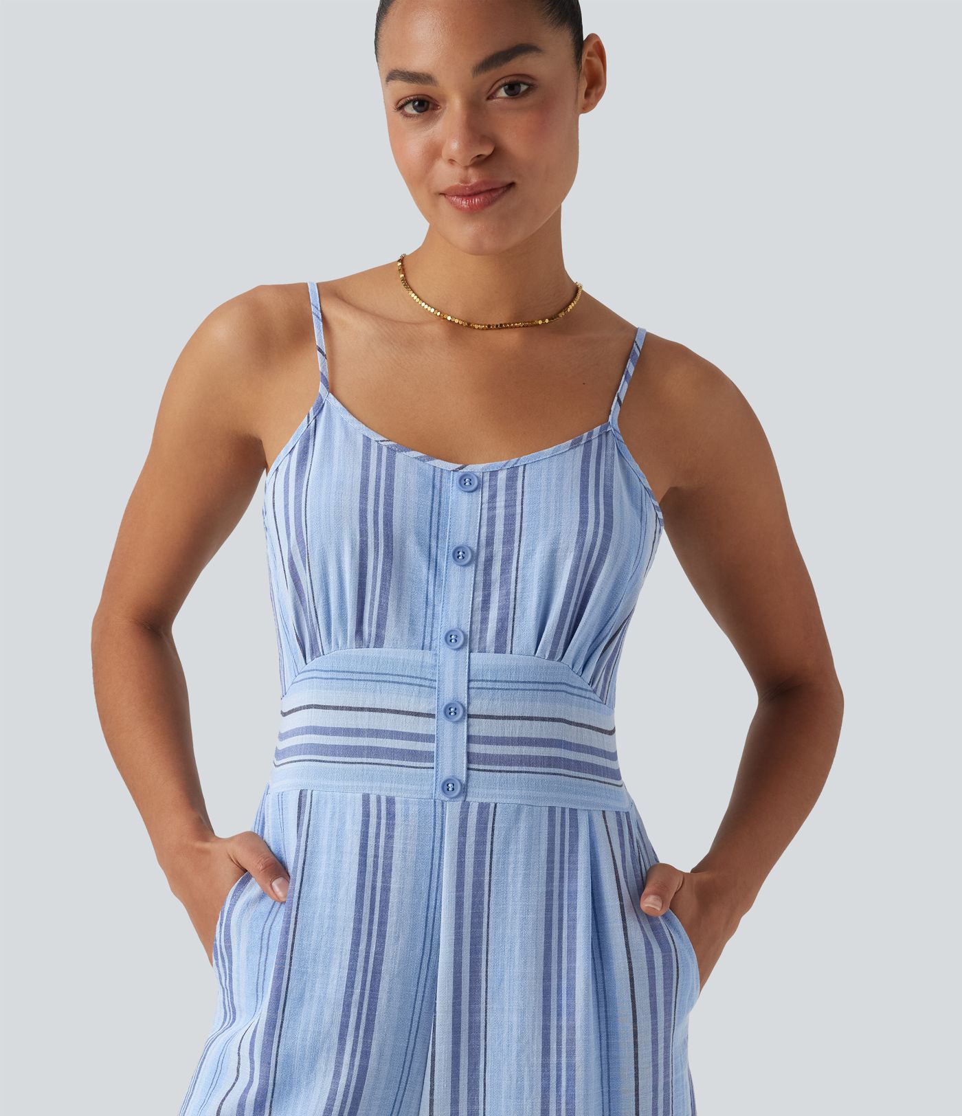 Tie Back Cut Out Stripe Linen-Feel Slip Jumpsuit with Pockets
