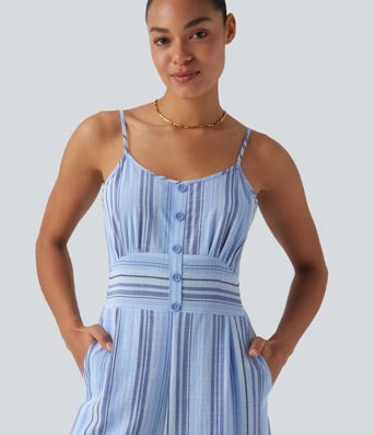 Tie Back Cut Out Stripe Linen-Feel Slip Jumpsuit with Pockets