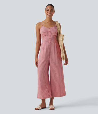 Jumpsuit in Leinenoptik mit Seitentaschen, Streifen, Cut-Out-Design und Bindeband hinten 