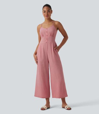 Jumpsuit in Leinenoptik mit Seitentaschen, Streifen, Cut-Out-Design und Bindeband hinten 